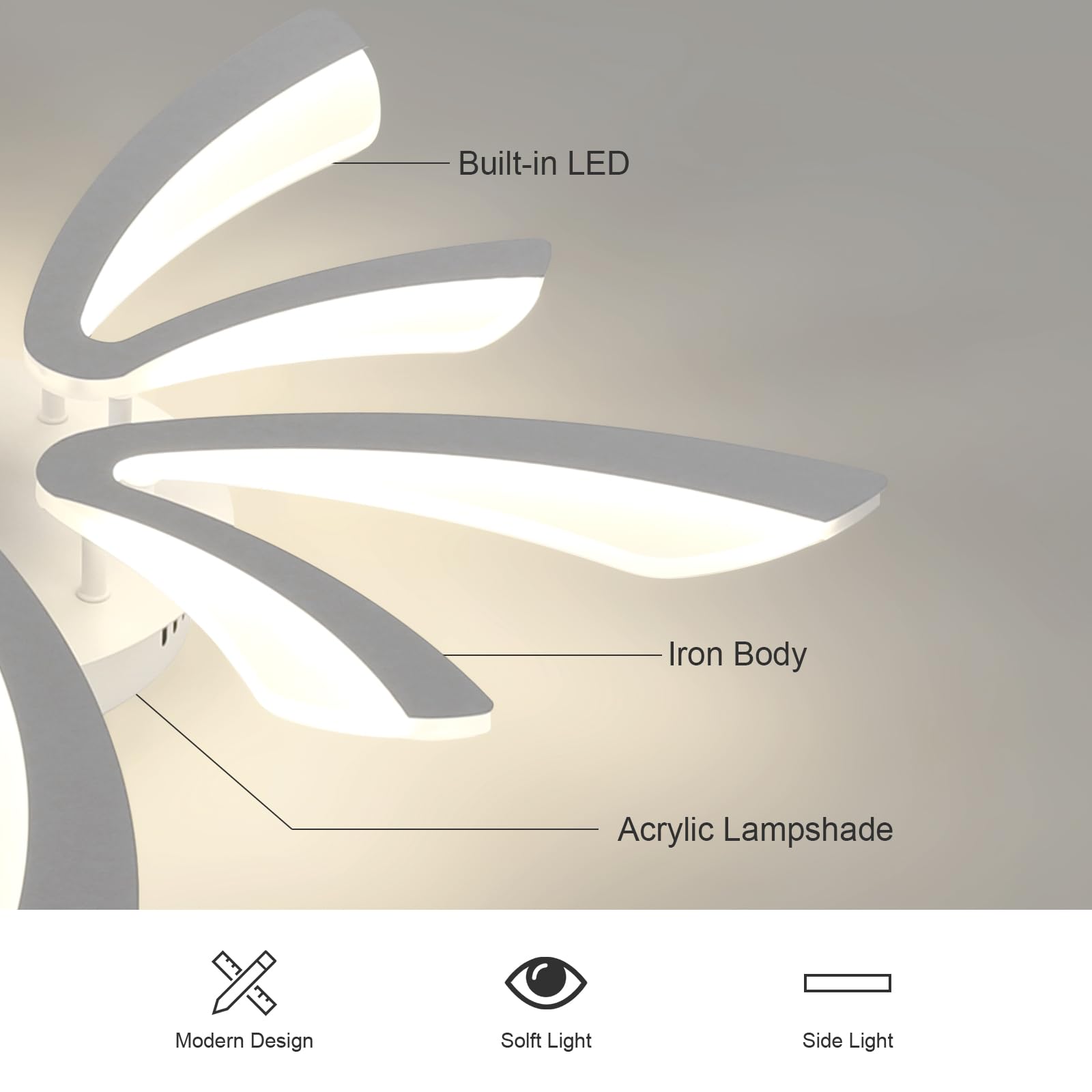 Comely Plafoniera da soffitto LED moderna 50W, 5625LM. Design elegante a cinque teste in acrilico e ferro, ideale per soggiorno, camera da letto o sala da pranzo. Luce naturale 4500K, bianco, 70cm