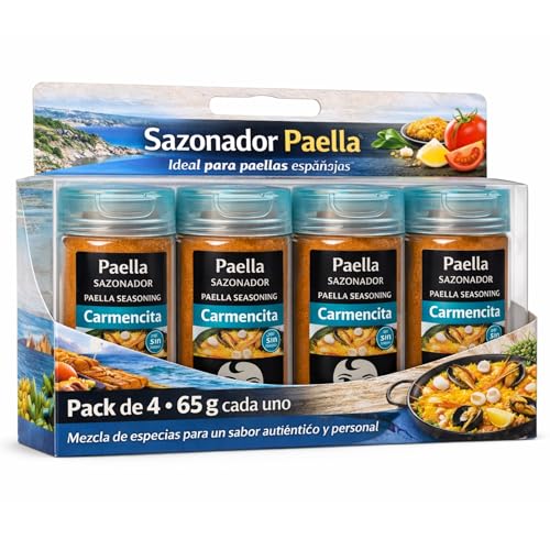 Sazonador Paella Carmencita, Sazonador paella Española, Mezcla de especias pensada para dar un toque personal y auténtico a tus paellas, Sin Gluten, Contiene 4 unidades de 65 g