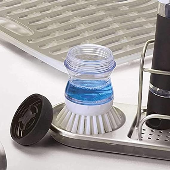 Image of Dish Scrub Brush with Soap Dispenser | Liquid Filling Kitchen Scrubber | Easy Press Cleaning Brush for Utensils | Sink & Home Use Pack of 4