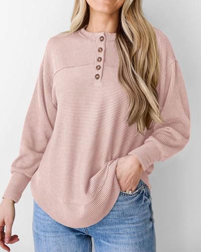KIRUNDO Going Out Tops for Women Henley Shirts 2025 Casual Ribbed Knit Long Sleeve Tunic Summer Fall Button V Neck Blouse3