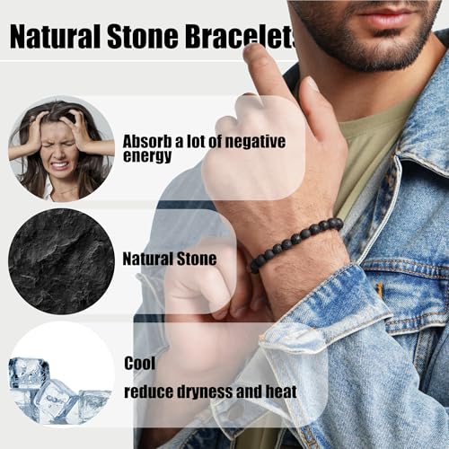 EIELO Beaded Stretch Bracelets for Men Women Natural Stone Tiger Eye Black Lava Rock Stretch Adjustable Black Boho Crystal Stackable Beaded Bracelets Set4