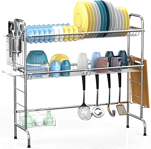 Over The Sink Dish Drying Rack, Veckle 2 Tier Dish Rack Easy Install Dish Drainer Non-Slip Stainless Steel Dish Dryer, Utensil Holder Cutting Board Holder Kitchen Counter Shelf Storage Rack, Silver