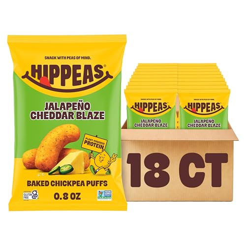Hippeas Chickpea Puffs, Jalapeño Cheddar Blaze, 18 x 0.8 z, Baked Crunchy Chickpea Snacks with 3g Plant Protein, 2g Fiber & 50% Less Fat, Dairy & Gluten Free, Non-GMO, Top 9 Allergen Free - image 1