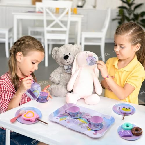 Image of VikriDA 48Pcs Tea Set, Kids Pretend Toy Tin Tea Set and Carrying Case,Rainbow Magic Unicorn Design for Girls Princess Boys 3-6