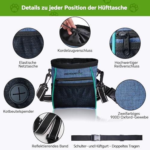 Leckerlibeutel für Hunde, Große Futtertasche für Hundetraining, Bauchtasche mit verstellbarem Gurt, Snackbeutel aus Oxford-Stoff, Praktische Bauchtasche für Hundetraining, Blau