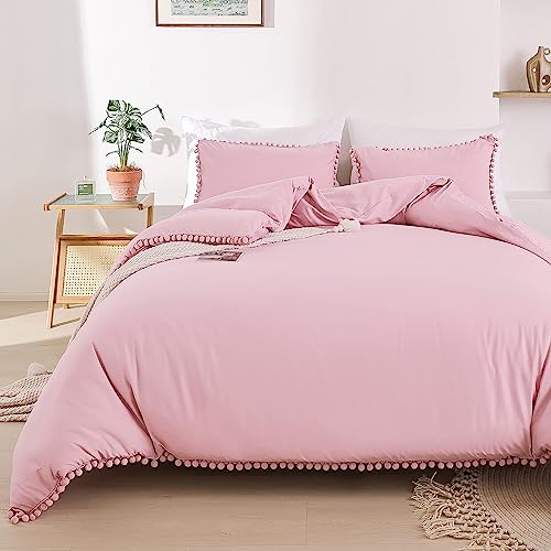 YIRDDEO Dust Pink Full Size Ball Pom Fringe Design Comforter Set 3pcs, Boho Aesthetic Luxurious Microfiber Comforter Set