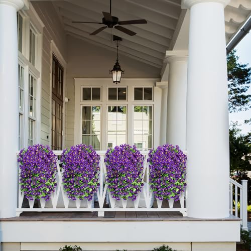 Image of Bassion 2 Pack Artificial Hanging Petunias Flowers for Outdoors, Purple