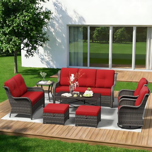 Image of 8 Piece Outdoor Wicker Patio Furniture Set, Outdoor Swivel Rocker Patio Chairs Set with Thickened Olefin Cushions, High Back and Deep Seating, Hand-Woven PE Rattan for Porch, Deck