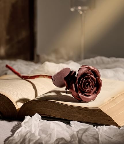 Kumi Living Handcrafted Genuine Leather Rose with Stem, Red, Gift Box Presentation,...