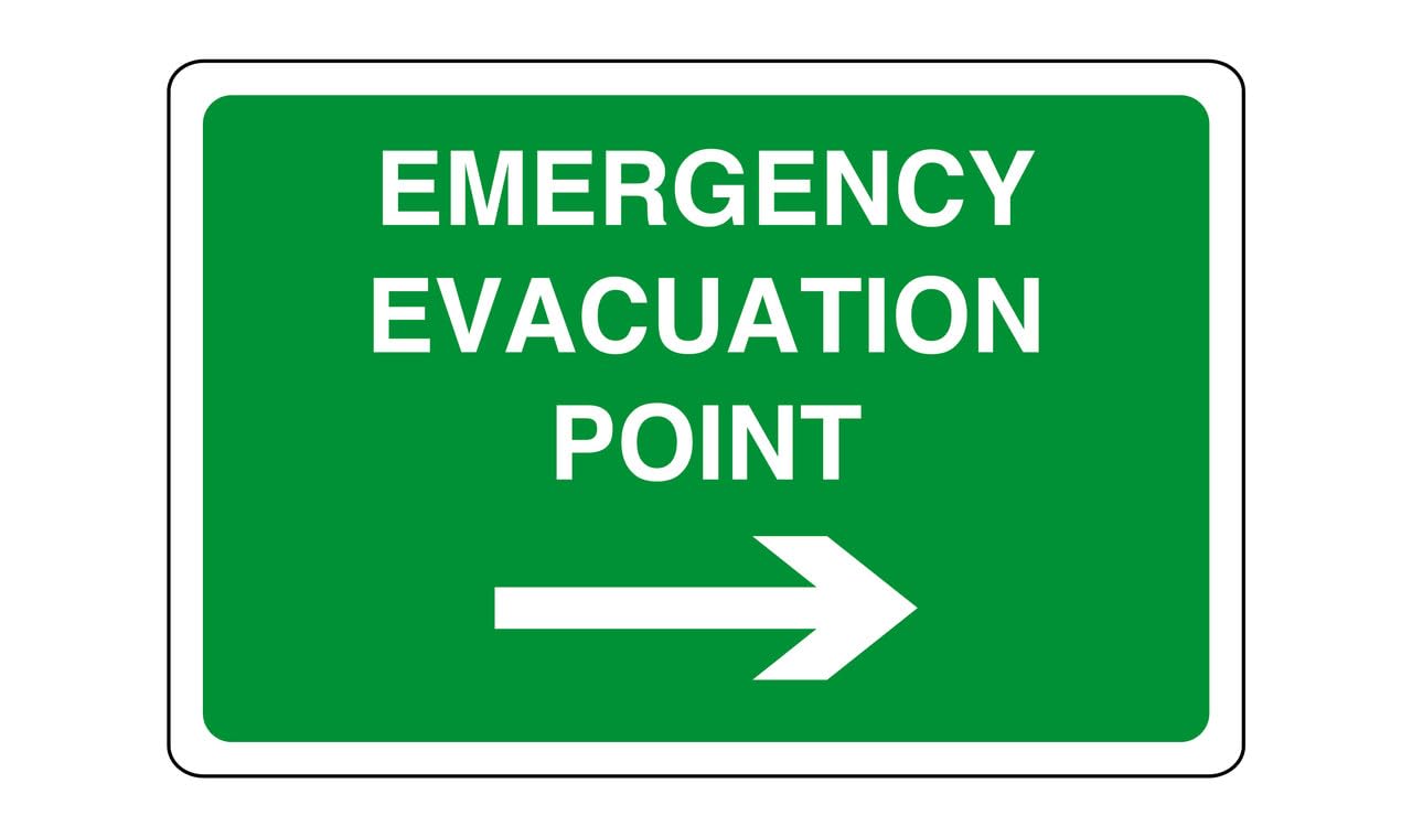Safety First Display Ltd Green/White Emergency Evacuation Point Arrow Right - Safety Sign - High Tack Self-Adhesive Sticker (150Mm X 100Mm) Viewing Distance Within 3M.