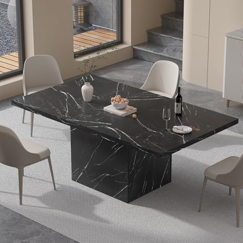 Image of HSH 55 inch Black Faux Marble Dining Table for 4, Rectangle Dining Room Table | Modern Kitchen Table with a Heavy-Duty Pedestal Base; Seats 4, Ideal For Meals, Work and Gatherings, Table Only
