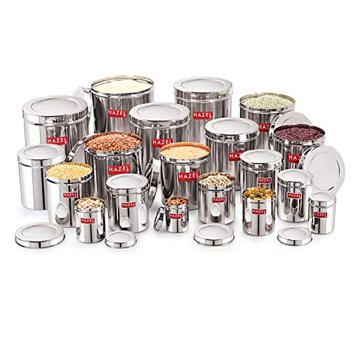 Image of HAZEL Stainless Steel Grocery Storage Container Set of 19 Pc, 1 to 28.8 Ltr, Silver (JUMBO SIZE)
