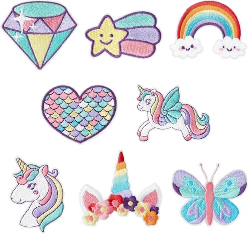 CYWQ Lot de 8 patchs thermocollants licorne de rêve arc-en-ciel étoile cœur papillon diamant à coudre appliqué brodé patch de réparation broderie...