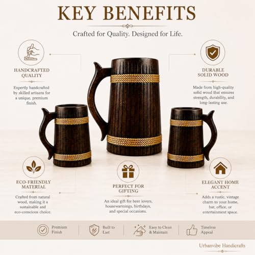 Image of Handcrafted Wooden Beer Bar Combo Set|Beer Mug |Barrel Shaped Jumbo Mug| (Thin Lines)(Set of 3) (2 Small Beer Mug 350ML Each & 1 Beer Jug Large 750ML)
