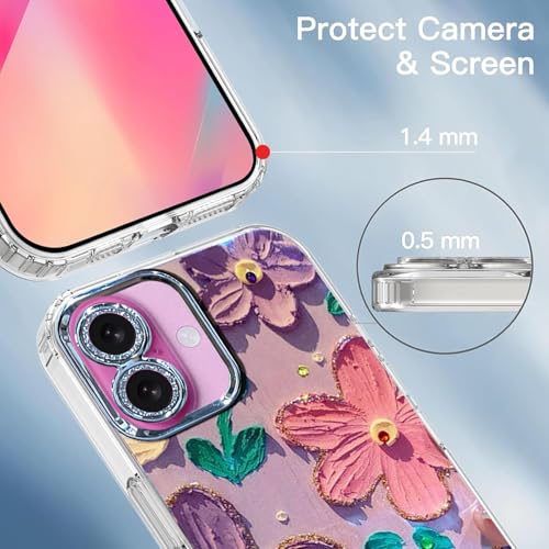 Image of VONZEE Laser Flower Case Compatible with iPhone 16, Colorful Oil Painting Design, Shockproof PC+TPU Hybrid Cover, Full Camera Protection Glossy Cute Protective Case for Women & Girls, Pink & Purple