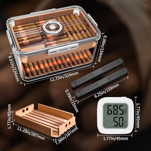 Image of CIGARLOONG Cigar Humidor Large with Cedar Shelves,2 Humidifiers and Hygrometer Storage for 100 Cigars Partition Clear Airtight Cigar Humidor