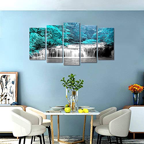 Welmeco Large Landscape Black White Teal Blue Forest Waterfall Canvas Wall Art Tree Nature Picture Prints Gallery Wrapped Ready To Hang For Living Room Office #TOP4