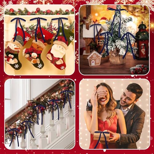 Image of 24 Pcs Dark Blue Velvet Bows Ornaments for Christmas Tree, Vintage Elegant Velvet Christmas Bows Tree Decorations, Indoor Home Decor for Wreath Mantle Gift Wrap Holiday Decor, 3 /8'' W, 5 * 7 inch