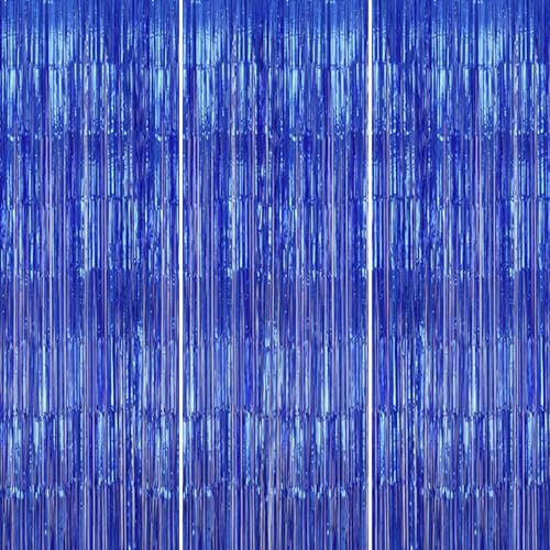 DECOCKRAT 3 Pack Foil Fringe Backdrop - Royal Blue Shiny Tinsel Curtains for Party Decoration/Photo Booth Props - 3.3x8.2 FT Metallic Foil Backdrop for Birthday, Wedding, Graduation, Christmas.