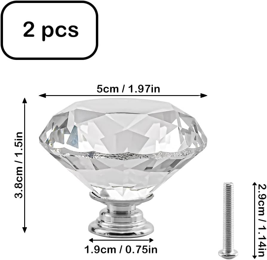 Crystal Cabinet Knobs 2Pack Clear Glass Diamond Shape Drawer Knobs 50mm Diamond Dresser Pulls Door Knobs Cabinet Pulls Cupboard Wardrobe Handles for Kitchen Office Cupboard Drawers (Silver, 2 PCS)