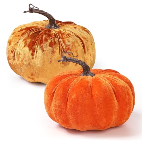 Coferset 2pcs Large Velvet Pumpkins Decor Set,Artificial Fall Pumpkin Decor for...