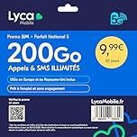Lycamobile Carte SIM Prépayée France – Forfait National S – 200Go Internet, Appels et SMS illimités – 13Go en Europe/UK – Renouvelable après 30 Jours – sans Engagement