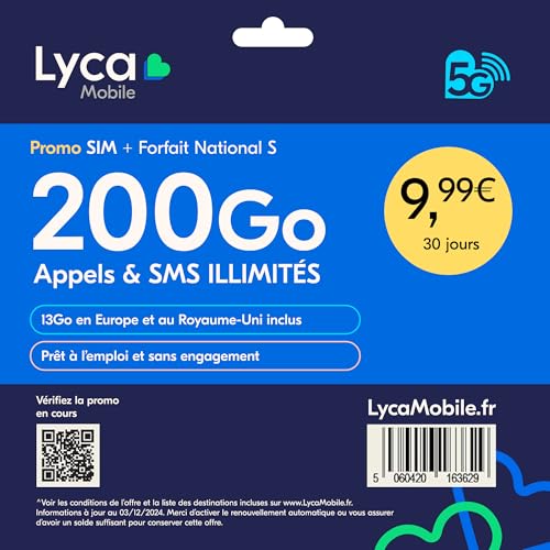 Lycamobile Carte SIM Prépayée France – Forfait National S – 200Go Internet, Appels et SMS illimités – 13Go en Europe/UK – Renouvelable après 30 Jours – sans Engagement