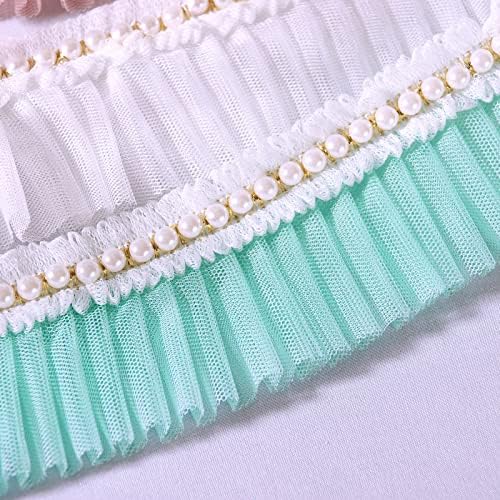 SHAYUAN 3 Yards Lace Edge Ruffle Trim Ribbon 2.1 Inch Wide Blue Pleated Tulle Fabric Trim with Pearl Beads for Trimmings Applique Sewing Craft Doll Pet Costume Dress Decoration