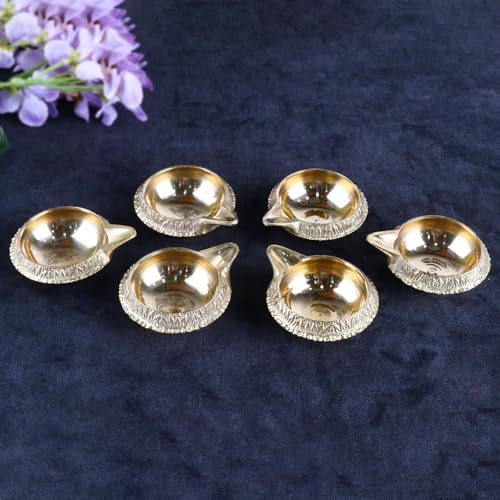 Image of SATVIK Set of 6 - Pure Brass Kuber Diya Oil Lamp for Pooja Home Temple Decor Small Brass Diya for Festival Prayer Diwali Decoration Traditional Metal Lamp