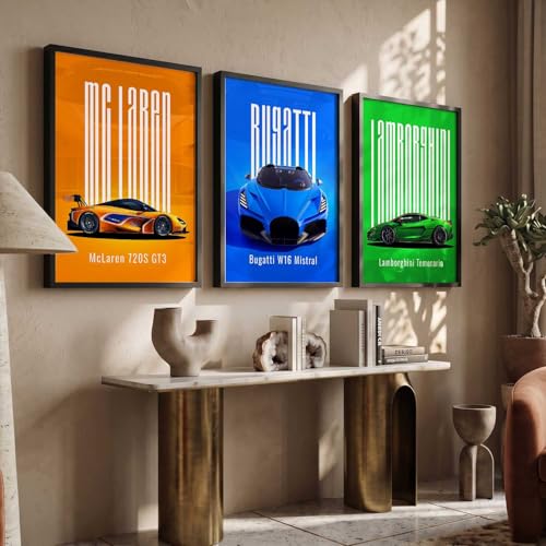 Image of HOTHOUSE Big McLaren GT3, Bugatti W16 Mistral, Lamborghini Temerario Cars Framed Posters Gift Items for Boys Room Wall Decoration Bedroom Living Room Office Studio Decor | Set Of 3 Size (13 X 17 inch)