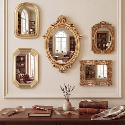 Wonderjune 5 Pcs Vintage Gold Mirror Set for Wall Decorative Resin Frame Ornate Antique Hanging and Tabletop Mirror for Home Dresser Gallery Decor Photography Props Gift (Baroque Style)