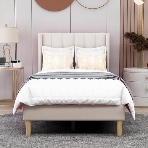 Image of AGARTT Upholstered Platform Bed Frame Twin Size, Beige Velvet