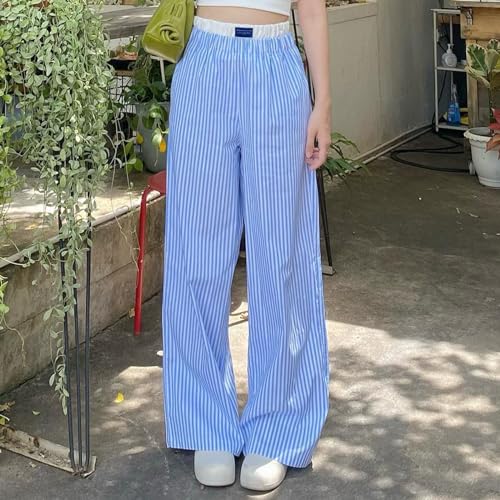 VISGOGO Womens Striped Blue Linen Pants Women Wide Leg Trousers Straight Elastic High Waist Loose Fit Y2K Fashion Pants2