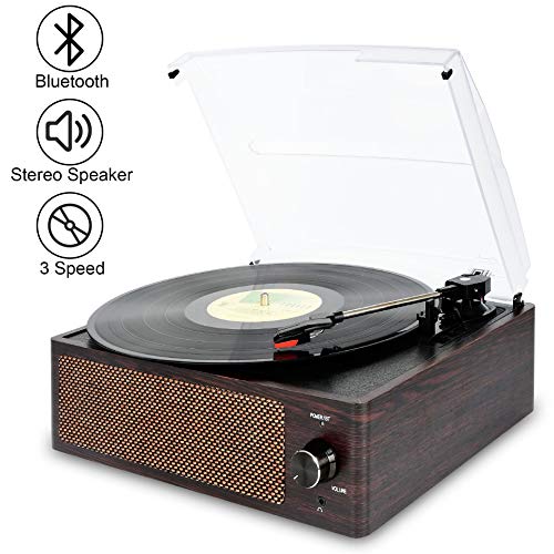 Bluetooth Record Player Belt-Driven 3-Speed Turntable, Vintage Vinyl Record Players Built-in Stereo Speakers