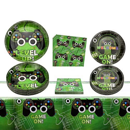 PIXHOTUL Lot de 122 décorations de fête jetables pour jeux vidéo, assiettes à dessert et serviettes de table, ensemble de fête de jeu vidéo, fournitures de fête d'anniversaire pour garçons, (40, vert) Cover