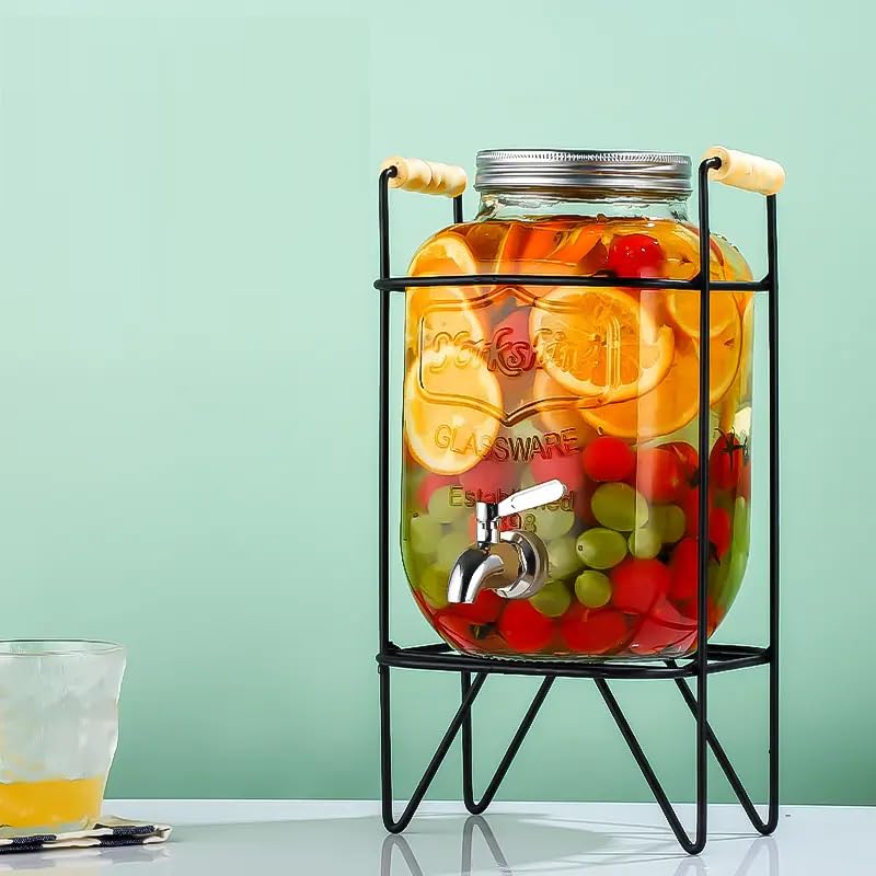 Image of 1 Pc 5 LTR Glass Water Beverage Dispenser with Stand - Air Tight Lid Glass Pitcher for Detox Water - Mason Jar - Counter Table Top Juice Water Beer Dispenser for Home Restaurant Party