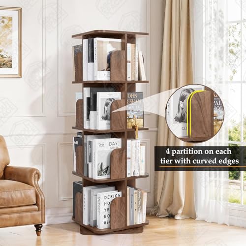 Image of ABOUT SPACE Rotating Book Shelf for Home Library - 4 Tier 360 Book Rack | Wooden Square Bookstand with Partition Curved Edges, Bottom Turnplate for Office Livingroom (Walnut - L 40 x B 40 x H 130cm)