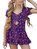 GAMISOTE Kids Girls One Piece Swimsuit Ruffle Puff Short Sleeves Bathing Suit Purple