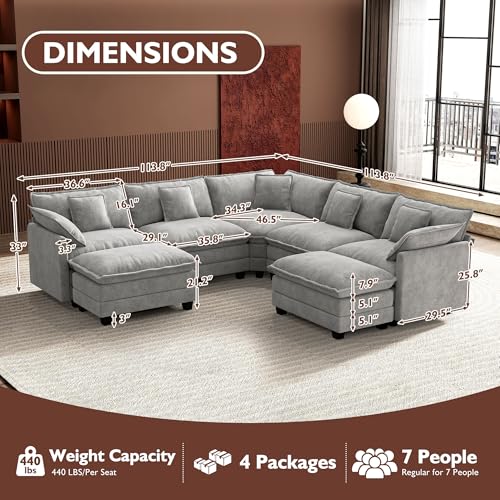 Image of Ihanherry 114 inch V-Shaped Modern Sofa Modular Sectional Cloud Couch with 2 Ottoman, 7-Seat Chenille Deep Seat Sofa with Corner Section for Living Room, Bedroom and Apartment, Grey