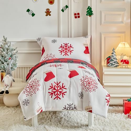 Image of Christmas Toddler Bedding Set for Boys Girls Red White Sock Colorful Holiday 4PC Toddler Bed Set - Cute Toddler White Bed in a Bag with Gray Red Snowflake