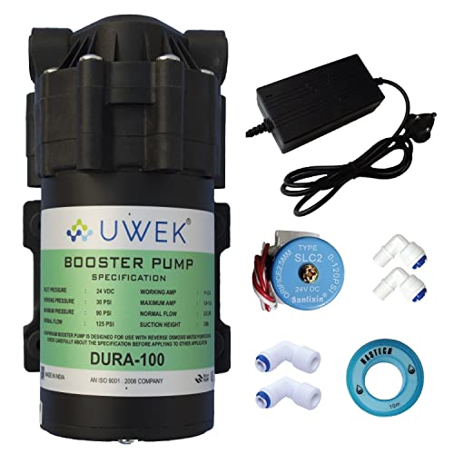 Image of UWEK DURA 100 GPD RO Booster Pump Motor High-Efficiency with SMPS 24V DC, Solenoid Valve(SV), Elbows For All Types of RO Water Purifier, 2 Year Warranty Black