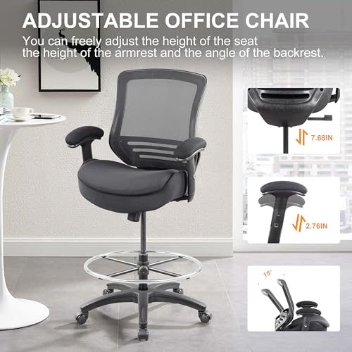 400lbs Tall Office Drafting Chair with Extra Seat Cushion for High Standing Desk with Lumbar Support and Enlarged Adjustable Footring-Black