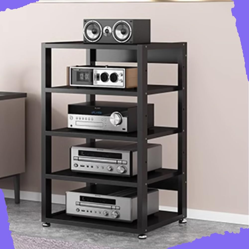 3 4 5 Livelli Mobile Componenti Stereo, HiFi Rack Audio AV Tower Media Stand, Rack Amplificatore Supporto Per Giradischi, Regolabile Mobiletto Portaoggetti, Legno & Metallo(Black,5 Tier-50X40X9