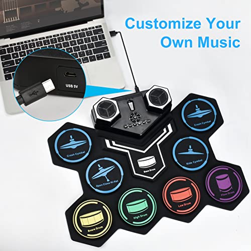 Image of Electronic Drum Set,Marrilley 9 Drum Pad With Headphone Jack,Bigger Roll-up Drum Pad, Built-in Dual Stereo Speakers, Drum Sticks, Foot Pedals 10 Hours Playtime,Ideal Christmas Holiday Gift for Kids