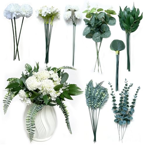 Labooe Artificial Eucalyptus Leaves Stems White Artificial Flowers Pompon Chrysanthemum Hydrangea Mix Baby's Breath for Wedding DIY Bouquets Floral Arrangement...