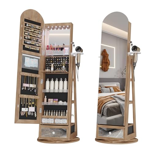 LVSOMT LED Espejo Joyero de pie Arqueado, Giratorio 360° Armario Joyero con Espejo de pie, Arco Espejo armario joyero con Cerradura, Espejo de cuerpo entero con Armario para joyas Luz, Madera Marrón