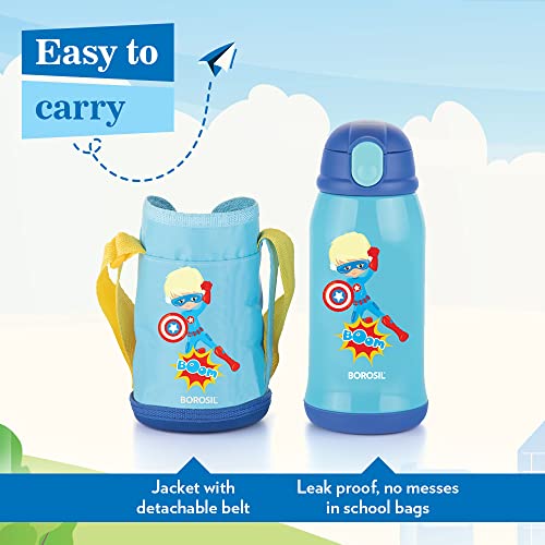 Image of Borosil Superhero 500 ml Stainless Steel Kids Sipper Water Bottle | Double Wall Vacuum Insulated Flask | 12 Hours Hot & Cold | Leakproof, BPA Free | 1 Year Warranty, Blue