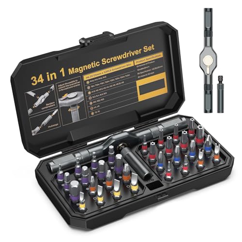 ORIA Juego de Destornilladores de Trinquete, 34 en 1 Destornillador Magnético, Juego de Puntas Múltiples Codificadas por Colores, Kit de Herramientas de Reparación de Precisión para Gafas, Relojes, PC