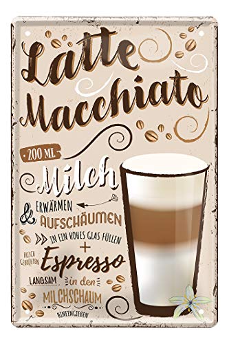 helges-shop Latte Macchiato Blechschild - Retro Deko Kaffee Espresso Schild - Metallschild zur Dekoration von Küche Kaffeeladen American Diner Cafe Bistro - Anleitung Rezept Zubereitung - 20x30cm