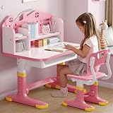 Aislerbee Ensemble de bureau pour enfant avec chaise réglable en hauteur, bureau d'apprentissage avec dossier château, surface de travail élargie, support de livre et tiroir de rangement pour chambre